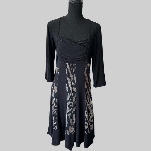 Frank Lyman Black and  Leopard Print Square Neck Jersey Dress - Picture 1 of 13